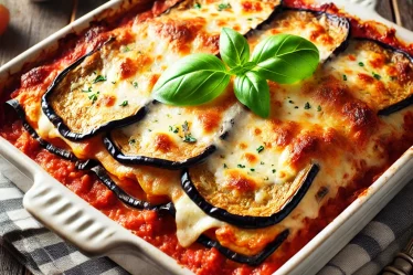 A delicious and freshly baked eggplant lasagna served in a white ceramic baking dish. The layers of roasted eggplant, rich tomato sauce, and melted ch