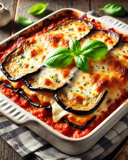 A delicious and freshly baked eggplant lasagna served in a white ceramic baking dish. The layers of roasted eggplant, rich tomato sauce, and melted ch