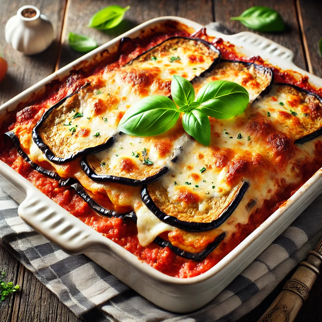 A delicious and freshly baked eggplant lasagna served in a white ceramic baking dish. The layers of roasted eggplant, rich tomato sauce, and melted ch