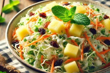 A fresh and vibrant tropical coleslaw salad served in a large white bowl. The salad consists of finely shredded cabbage, diced pineapple, grated carro