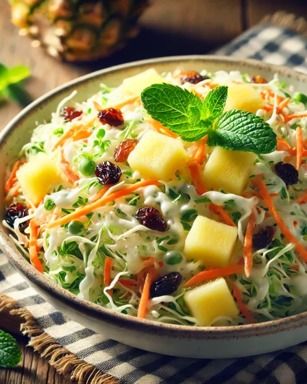A fresh and vibrant tropical coleslaw salad served in a large white bowl. The salad consists of finely shredded cabbage, diced pineapple, grated carro