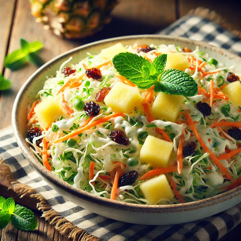 A fresh and vibrant tropical coleslaw salad served in a large white bowl. The salad consists of finely shredded cabbage, diced pineapple, grated carro