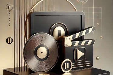 A minimalist and modern digital illustration representing the golden era of entertainment. The design features a sleek monochrome cinema screen, a sty