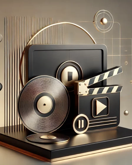 A minimalist and modern digital illustration representing the golden era of entertainment. The design features a sleek monochrome cinema screen, a sty