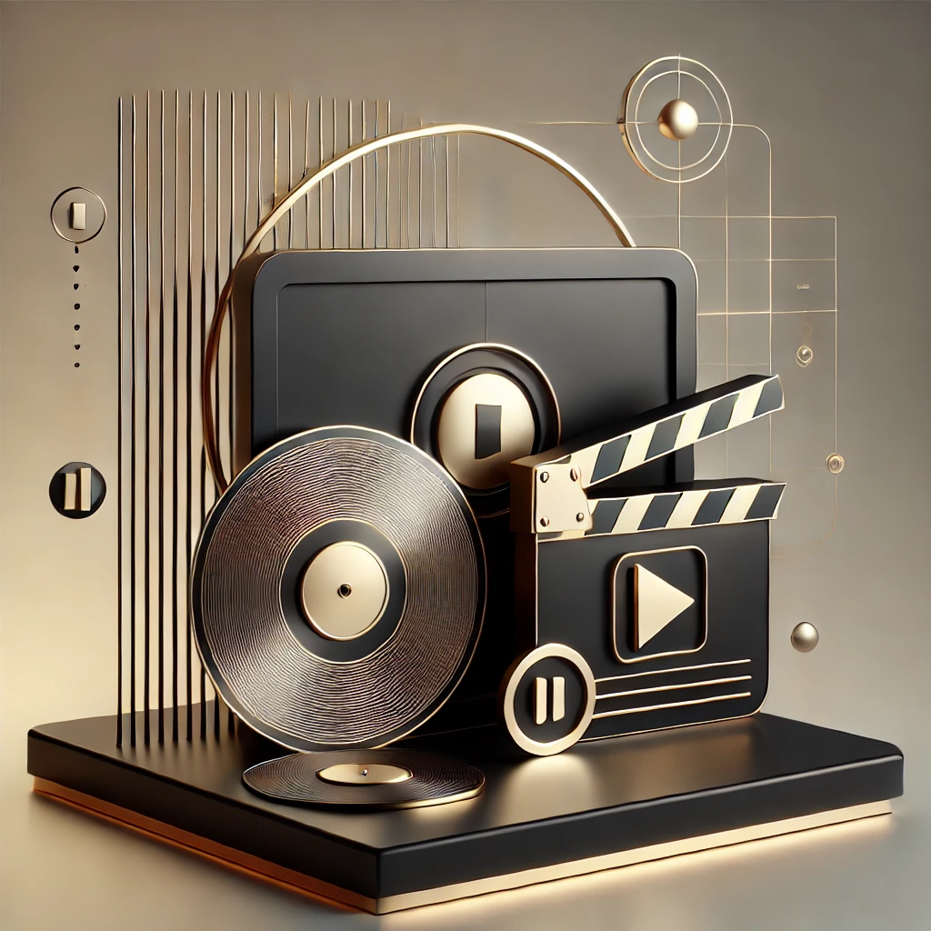 A minimalist and modern digital illustration representing the golden era of entertainment. The design features a sleek monochrome cinema screen, a sty