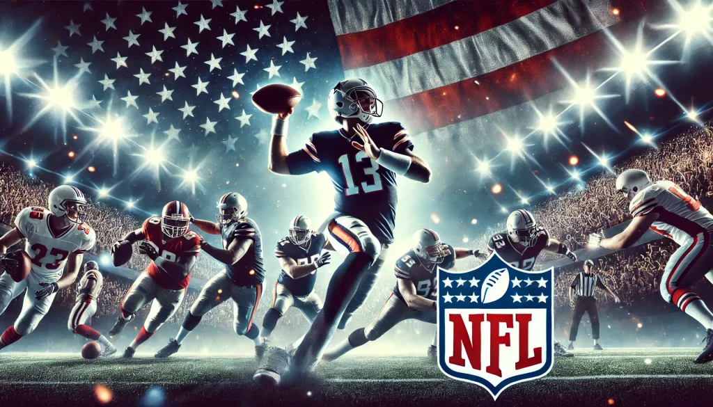 A imagem representa um momento eletrizante de um jogo da NFL, ideal para um cabeçalho de blog. No centro da cena, um quarterback executa um passe em pleno movimento, cercado por companheiros de equipe e adversários em ação. O estádio está completamente lotado, com torcedores vibrando sob luzes intensas que iluminam o campo.

A composição transmite energia, velocidade e intensidade — tudo o que define o futebol americano como um dos esportes mais estratégicos e emocionantes do mundo. As cores são vibrantes, com tons quentes e patrióticos que reforçam o clima épico da NFL.